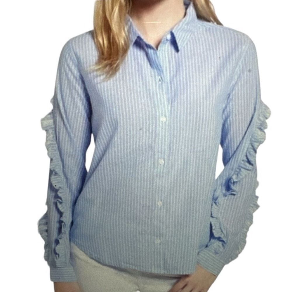 RAILS Women’s Lizzi Ruffled Sleeve Striped Button Down Shirt Blue/White Small